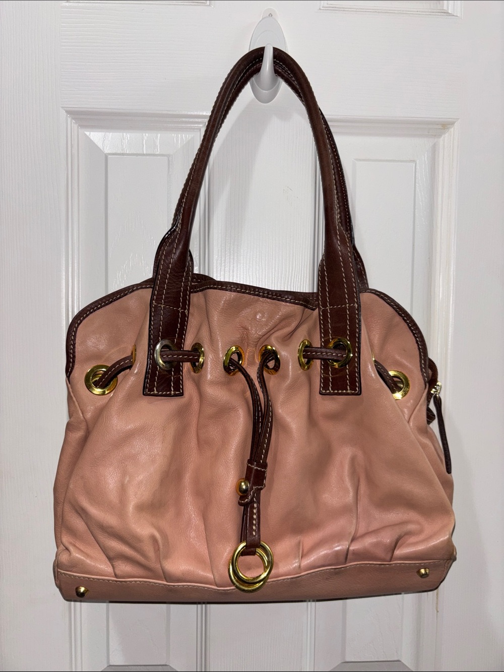 Vera Pelle Blush Pink Leather Drawstring Shoulder Bag with Brown Trim